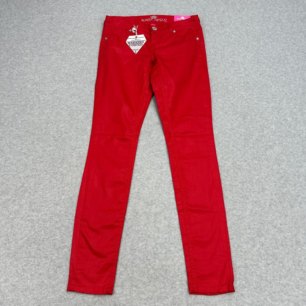 Almost Famous Coated Skinny Jeans Sz 3 Red Low-Rise Stretch Sheen Y2K Glam Denim